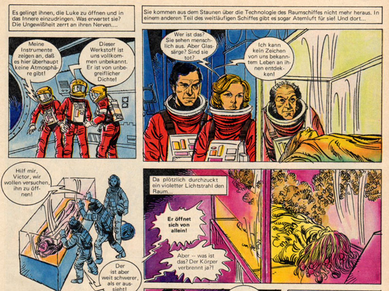 The crew of Moonbasis Alpha meet Christopher Lee as drawn by Cardona and written by Farinas.